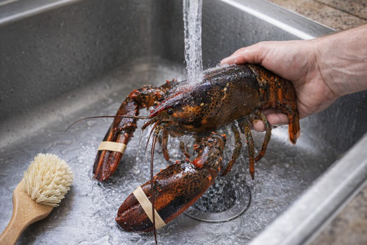 Close-up shot of a live lobster being washed under cold running water in a stainless steel sink, a brush is nearby